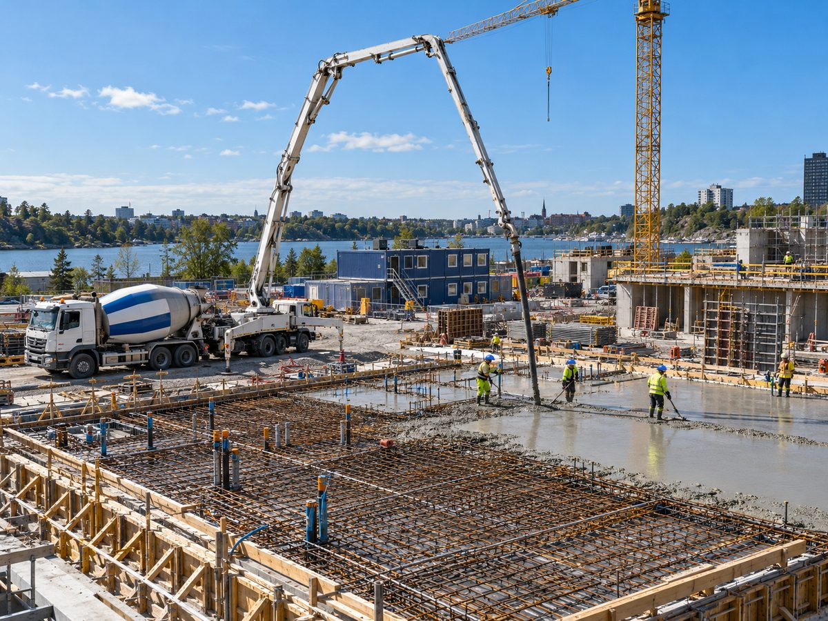 Betonggjutning av en armerad bottenplatta med pumpbil och betongbil