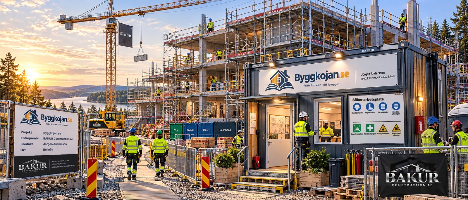 Byggarbetsplats i solnedgång med byggboden Byggkojan, tornkran, ställning och BAKUR-vepor