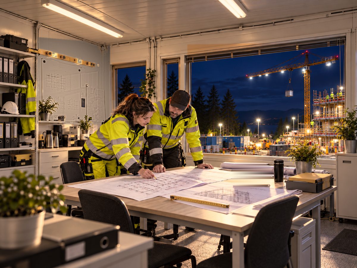 Två byggarbetare går igenom ritningar i byggboden en kväll, bygget lyser utanför fönstret